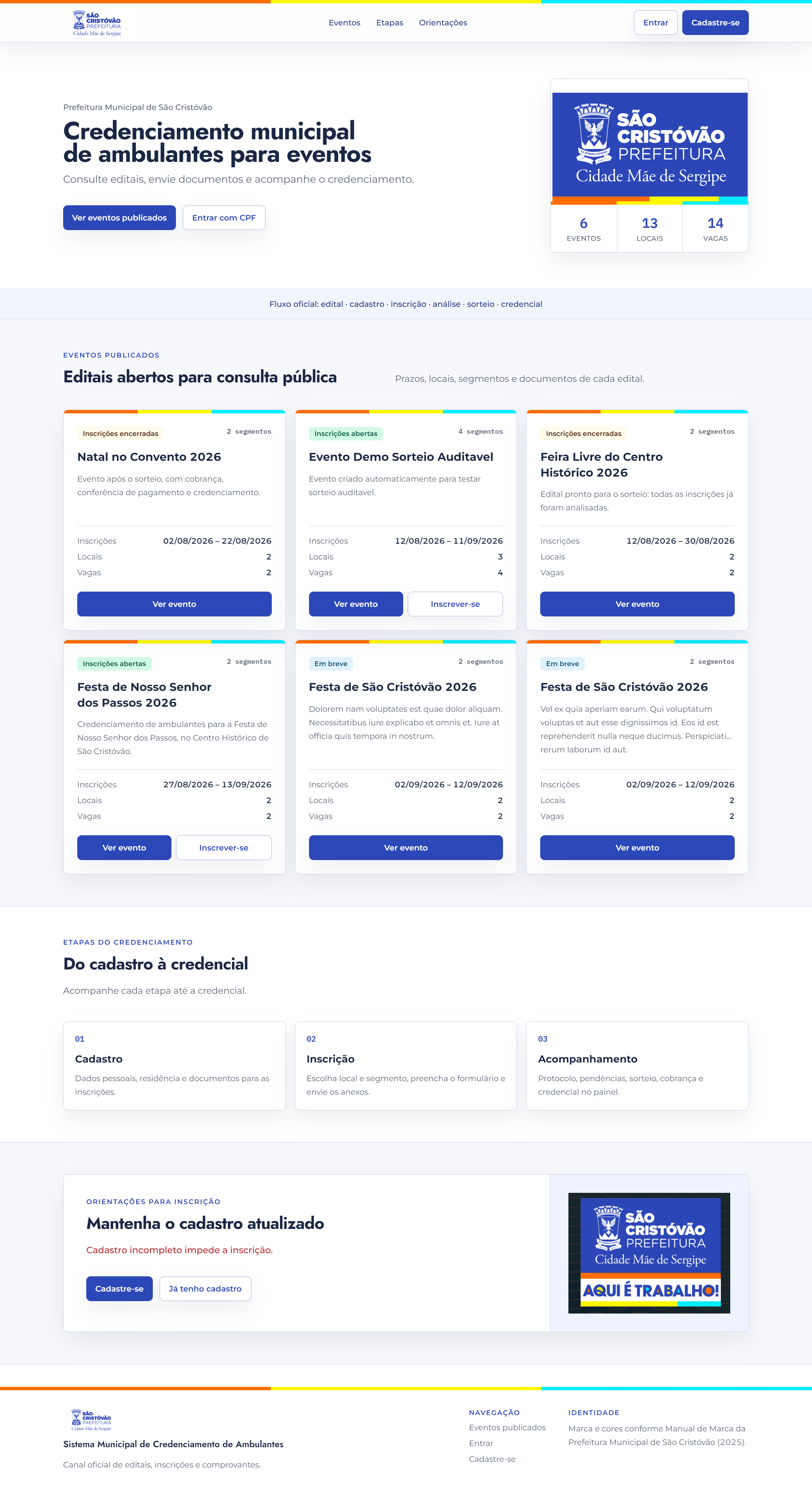 Página inicial com eventos publicados