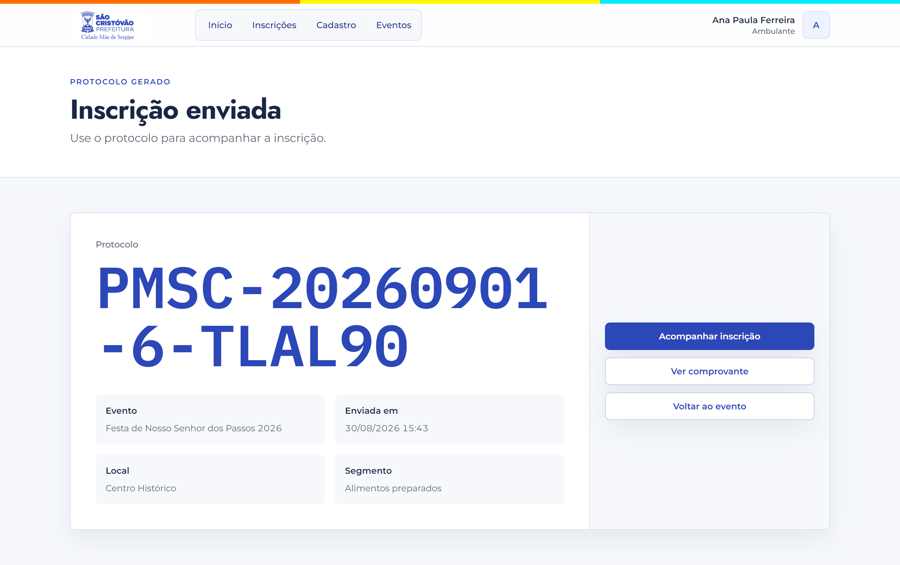 Inscrição enviada com protocolo